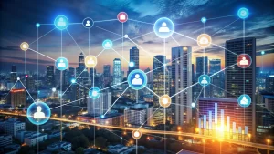 City skyline at night overlaid with connected network icons